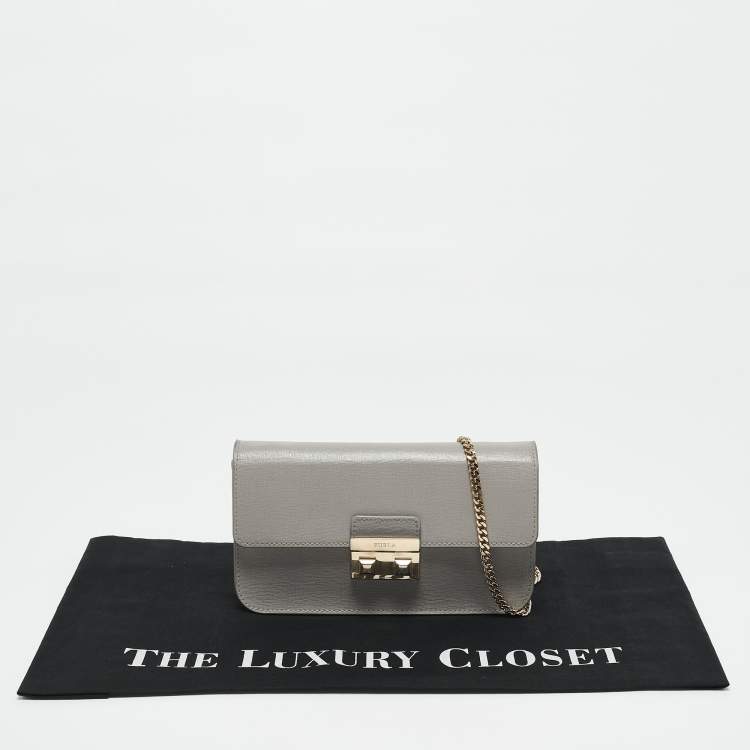 Pre Owned Furla Grey Saffiano Leather Mini Metropolis Crossbody Bag