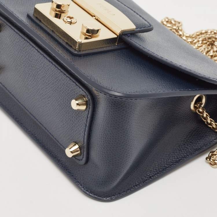 Pre Owned Furla Navy Blue Leather Mini Metropolis Crossbody Bag