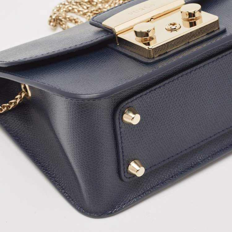 Pre Owned Furla Navy Blue Leather Mini Metropolis Crossbody Bag