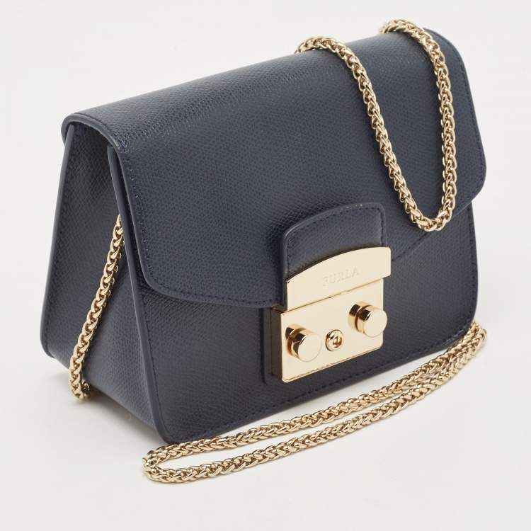 Pre Owned Furla Navy Blue Leather Mini Metropolis Crossbody Bag
