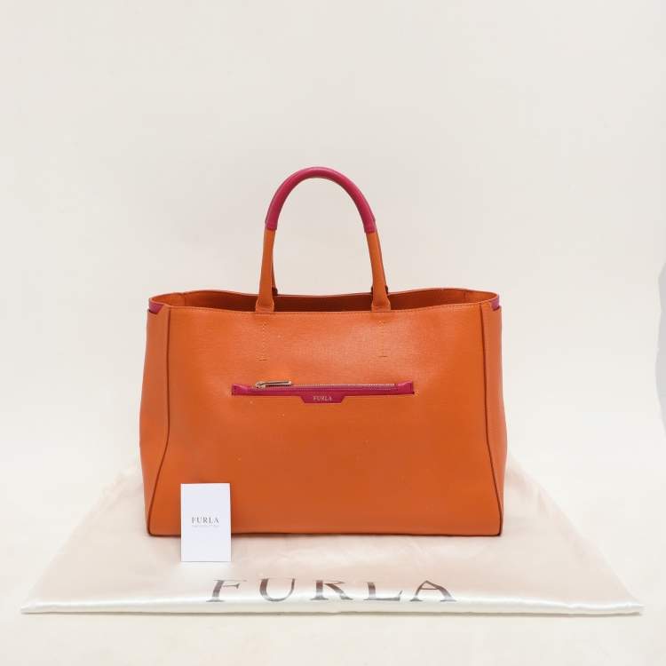 Pre Owned Furla Orange/Magenta Leather Tote