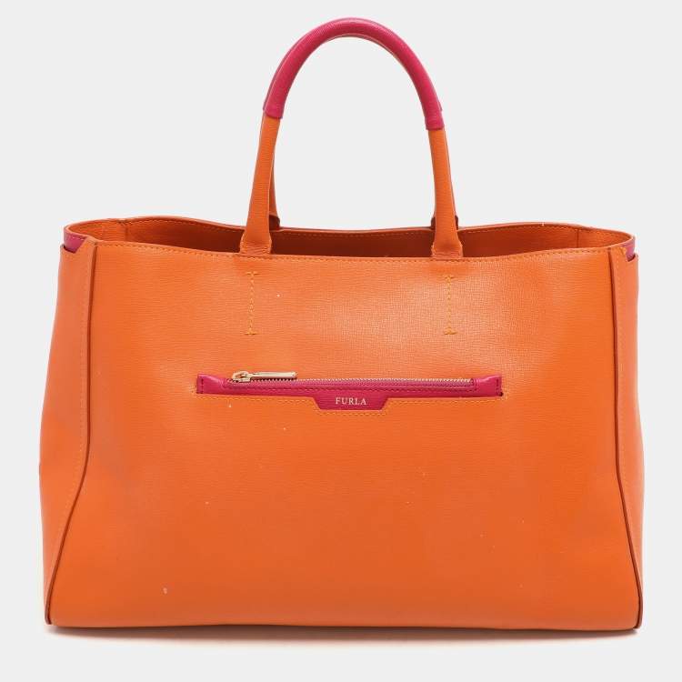 Pre Owned Furla Orange/Magenta Leather Tote