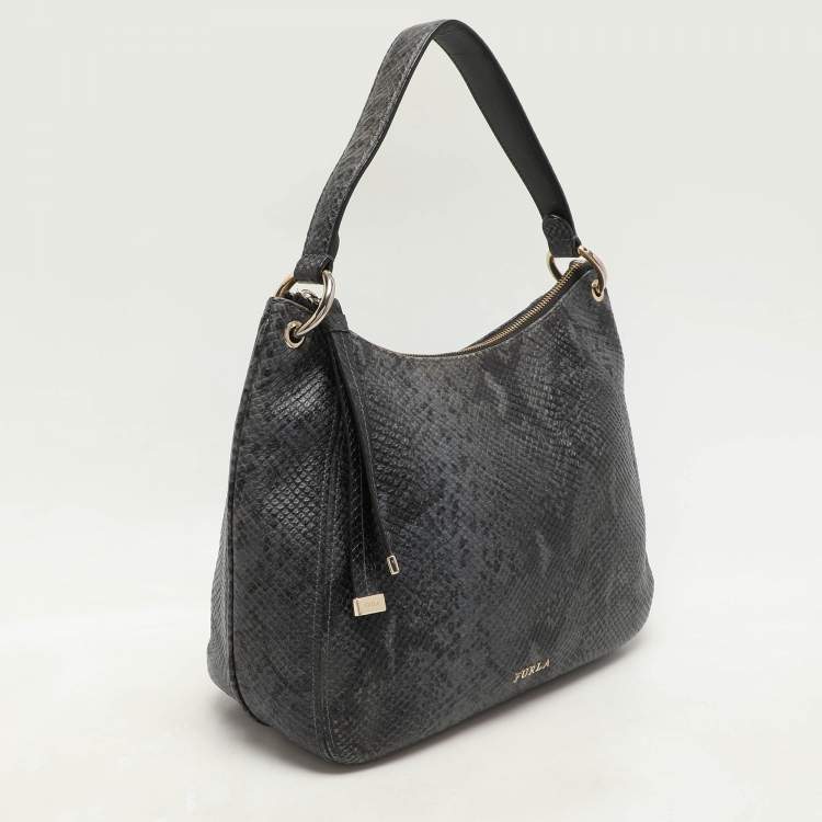 Pre Owned Furla Blue/Black Python Embossed Leather Hobo