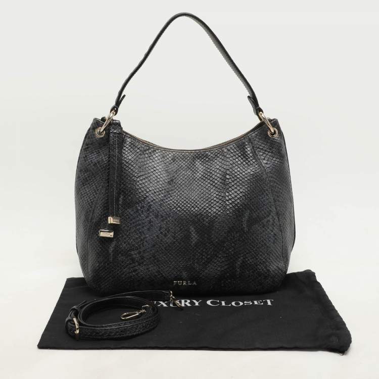 Pre Owned Furla Blue/Black Python Embossed Leather Hobo