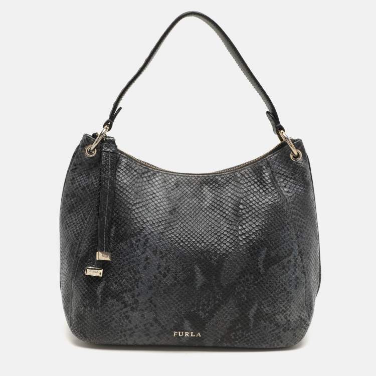 Pre Owned Furla Blue/Black Python Embossed Leather Hobo