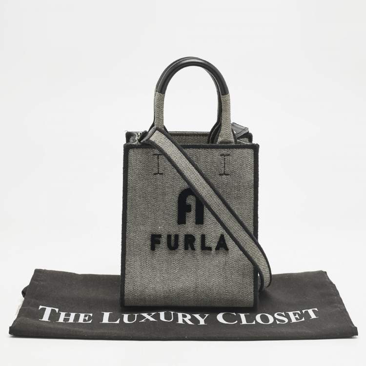 Pre Owned Furla Grey/Black Canvas and Leather Mini Varsity Style Tote