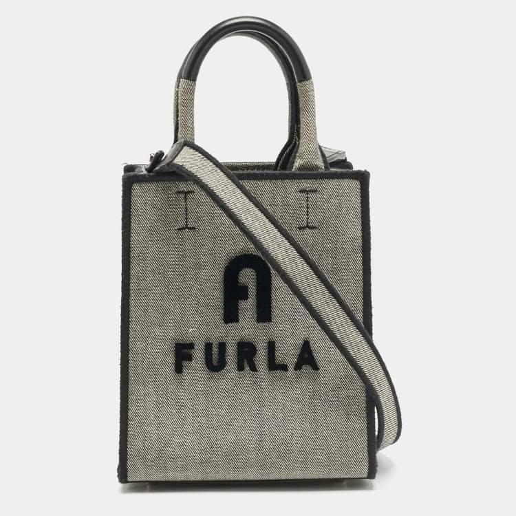 Pre Owned Furla Grey/Black Canvas and Leather Mini Varsity Style Tote