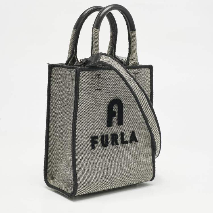 Pre Owned Furla Grey/Black Canvas and Leather Mini Varsity Style Tote