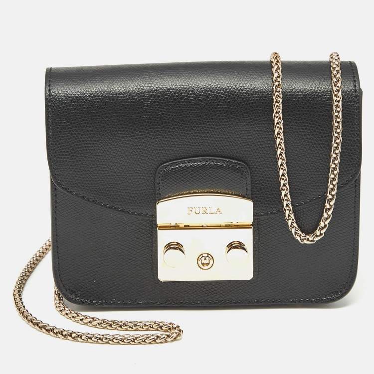 Pre Owned Furla Black Leather Mini Metropolis Crossbody Bag