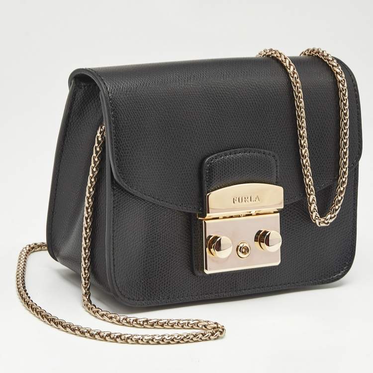 Pre Owned Furla Black Leather Mini Metropolis Crossbody Bag