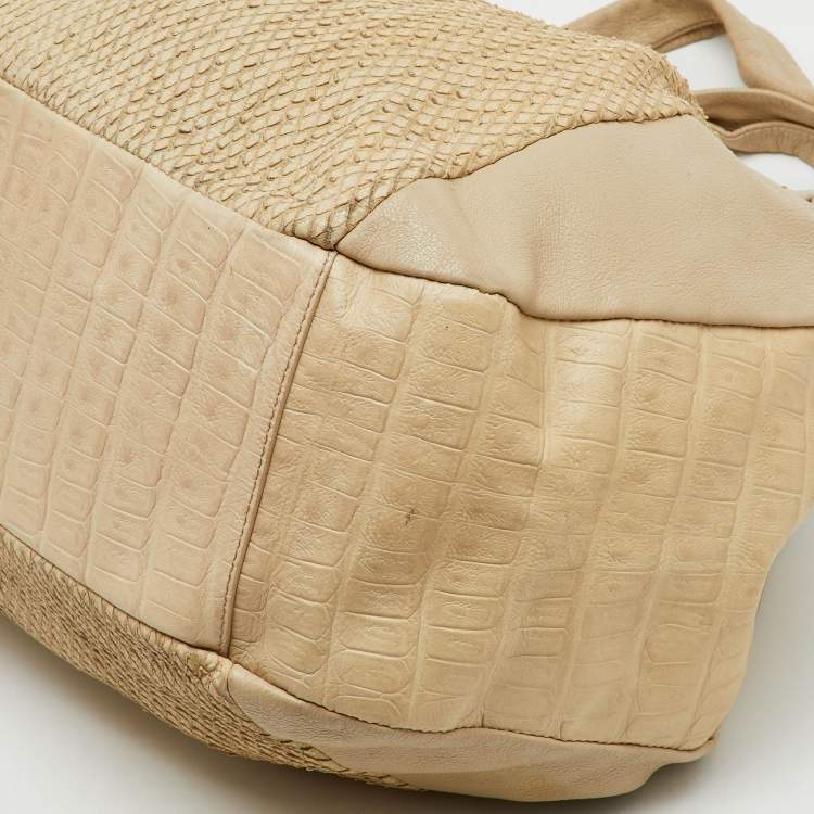 Pre Owned Furla Cream Croc Embossed and Python Embossed Leather Tassel Hobo