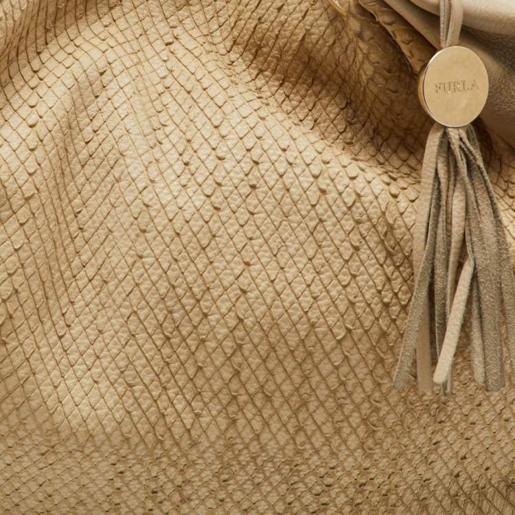 Pre Owned Furla Cream Croc Embossed and Python Embossed Leather Tassel Hobo