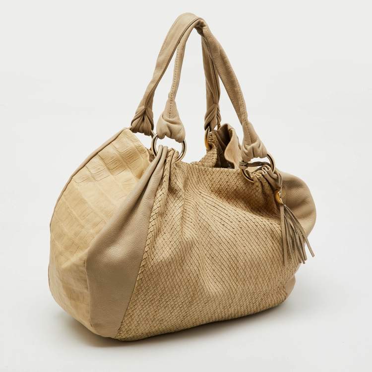 Pre Owned Furla Cream Croc Embossed and Python Embossed Leather Tassel Hobo