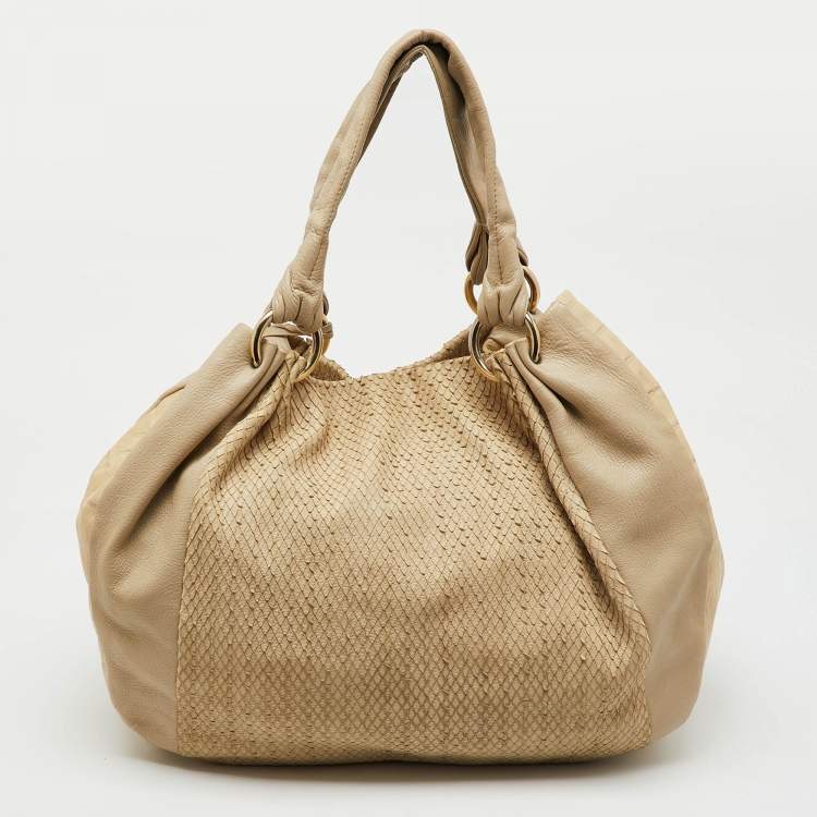 Pre Owned Furla Cream Croc Embossed and Python Embossed Leather Tassel Hobo