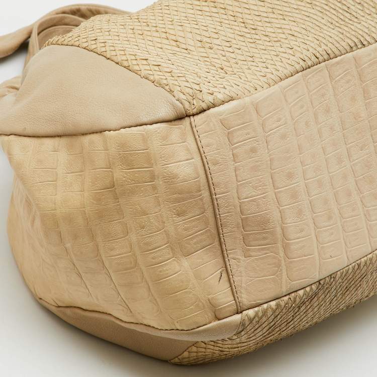 Pre Owned Furla Cream Croc Embossed and Python Embossed Leather Tassel Hobo