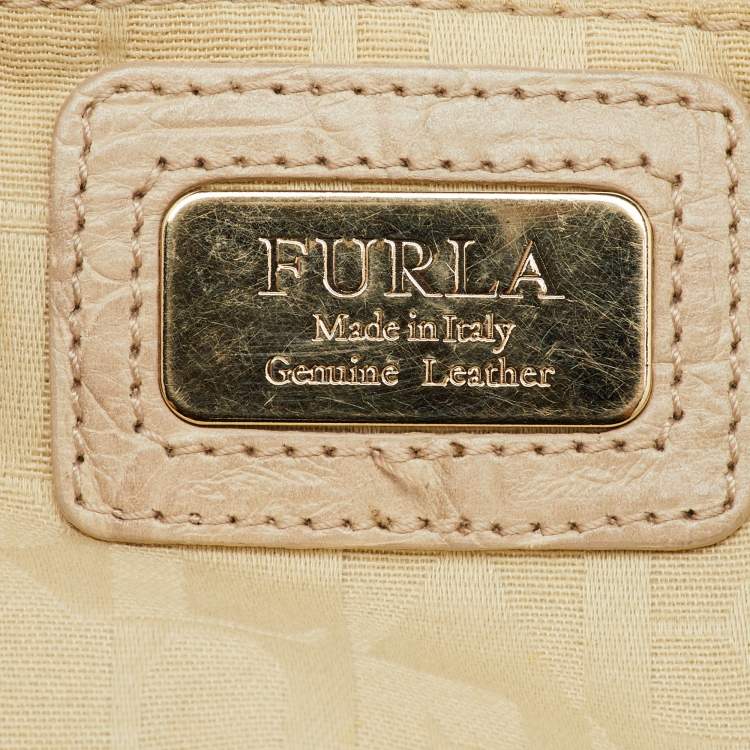 Pre Owned Furla Cream Croc Embossed and Python Embossed Leather Tassel Hobo