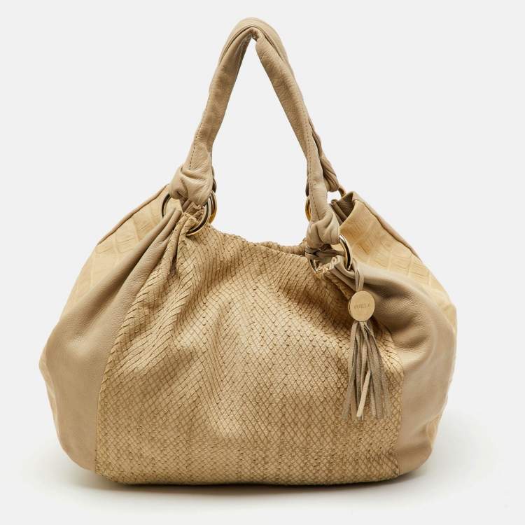 Pre Owned Furla Cream Croc Embossed and Python Embossed Leather Tassel Hobo