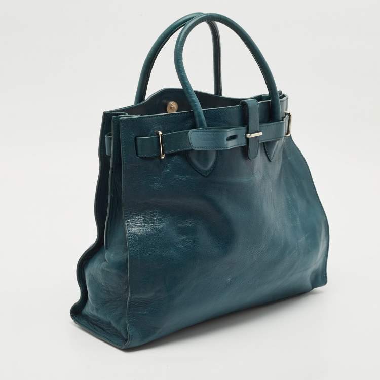 Pre Owned Furla Teal Green Leather Large Greta Tote