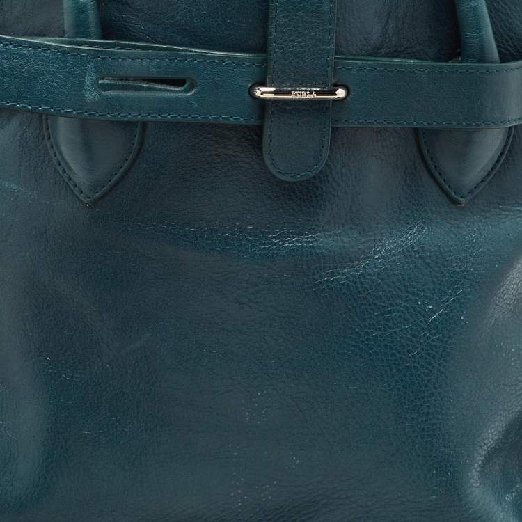 Pre Owned Furla Teal Green Leather Large Greta Tote