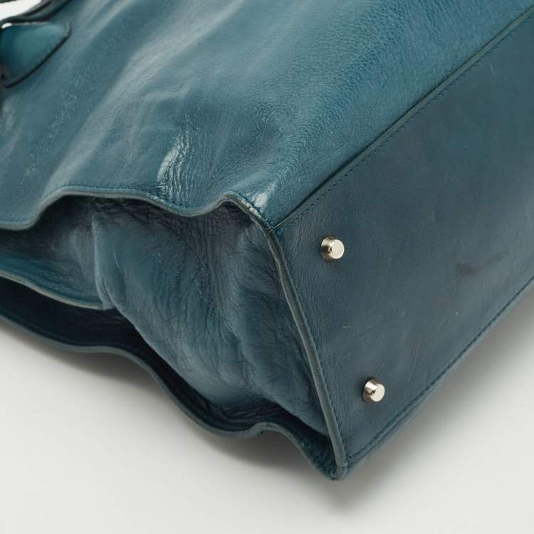 Pre Owned Furla Teal Green Leather Large Greta Tote