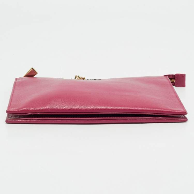 Pre Owned Furla Fuchsia Leather Flat Chain Clutch