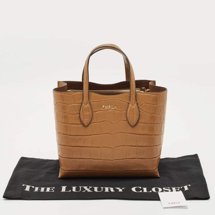 Pre Owned Furla Tan Croc Embossed Leather Tote
