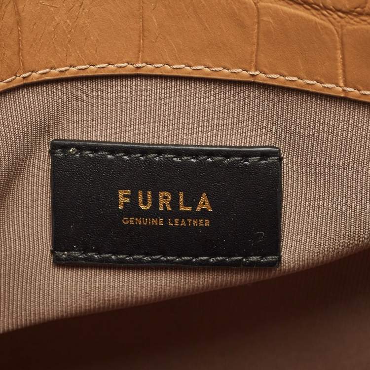 Pre Owned Furla Tan Croc Embossed Leather Tote