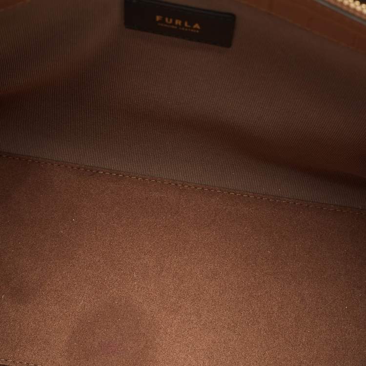 Pre Owned Furla Tan Croc Embossed Leather Tote