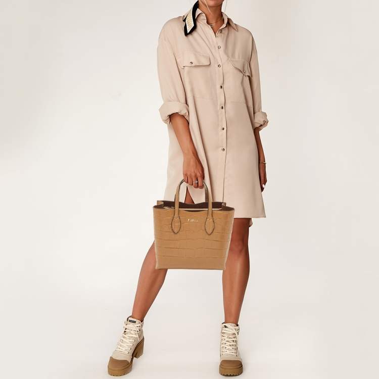 Pre Owned Furla Tan Croc Embossed Leather Tote