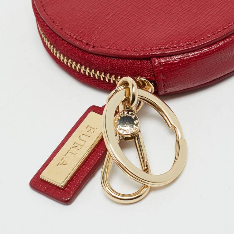 Pre Owned Furla Red Leather Keychain Round Zip Coin Purse