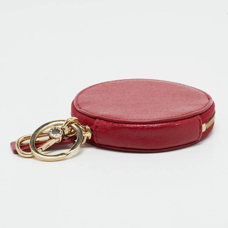 Pre Owned Furla Red Leather Keychain Round Zip Coin Purse