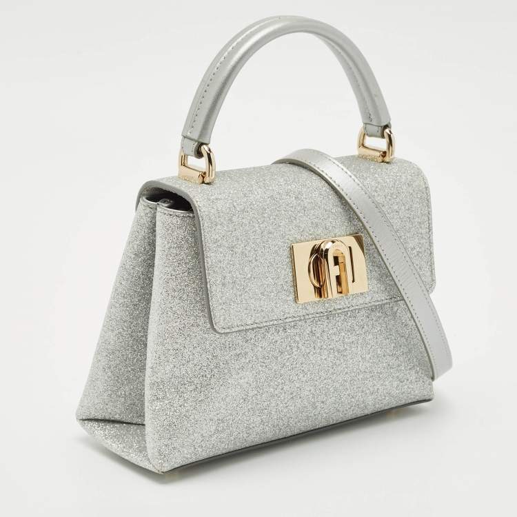Pre Owned Furla Silver Glitter and Leather Mini 1927 Top Handle Bag