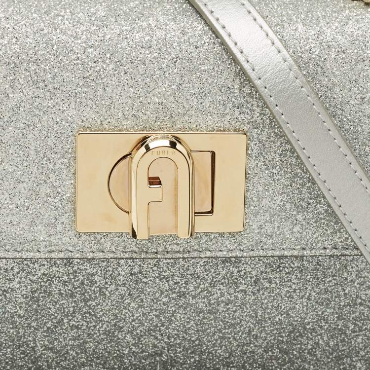 Pre Owned Furla Silver Glitter and Leather Mini 1927 Top Handle Bag