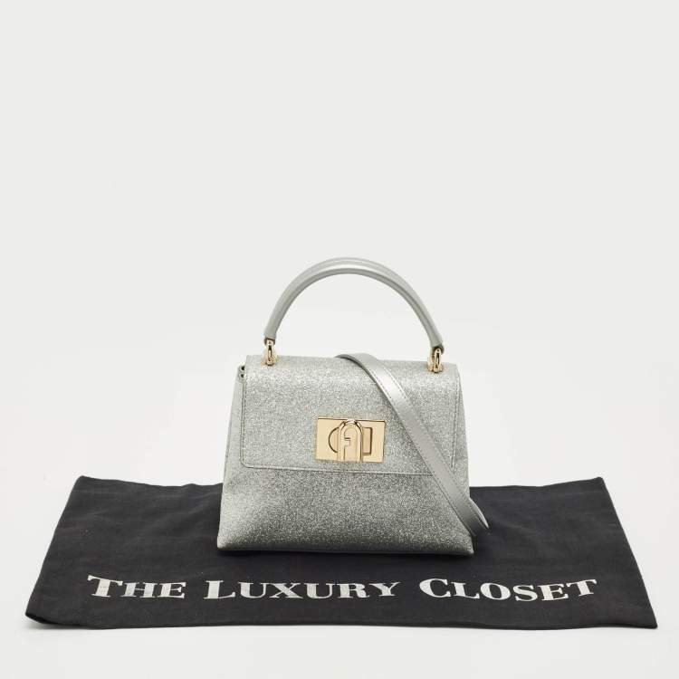 Pre Owned Furla Silver Glitter and Leather Mini 1927 Top Handle Bag