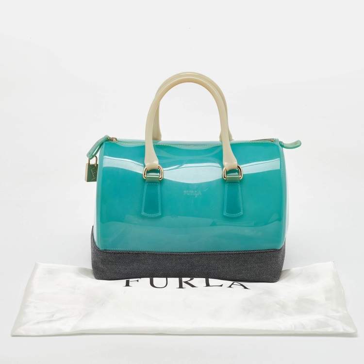 Pre Owned Furla Teal Blue/Black Rubber and Denim Candy Bag