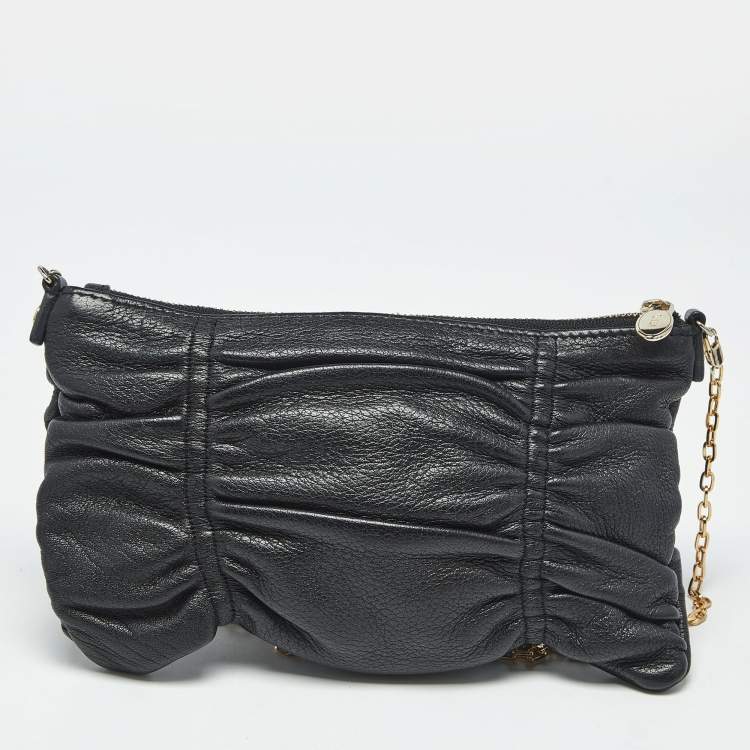 Pre Owned Furla Black Gathered Leather Chain Crossbody Bag