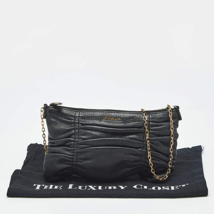 Pre Owned Furla Black Gathered Leather Chain Crossbody Bag