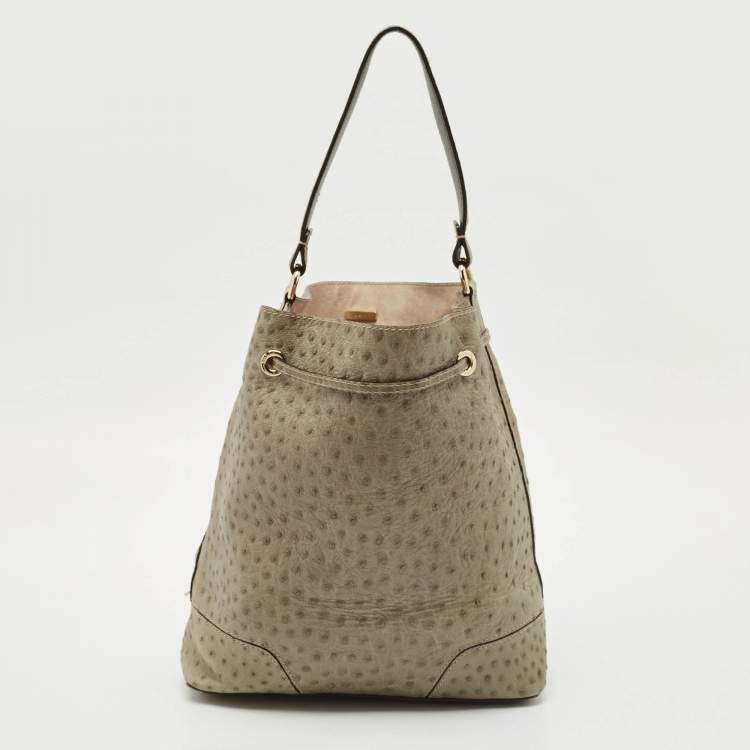 مملوكة مسبقًا Furla Light Green Ostrich Embossed Leather Drawstring Bucket Bag