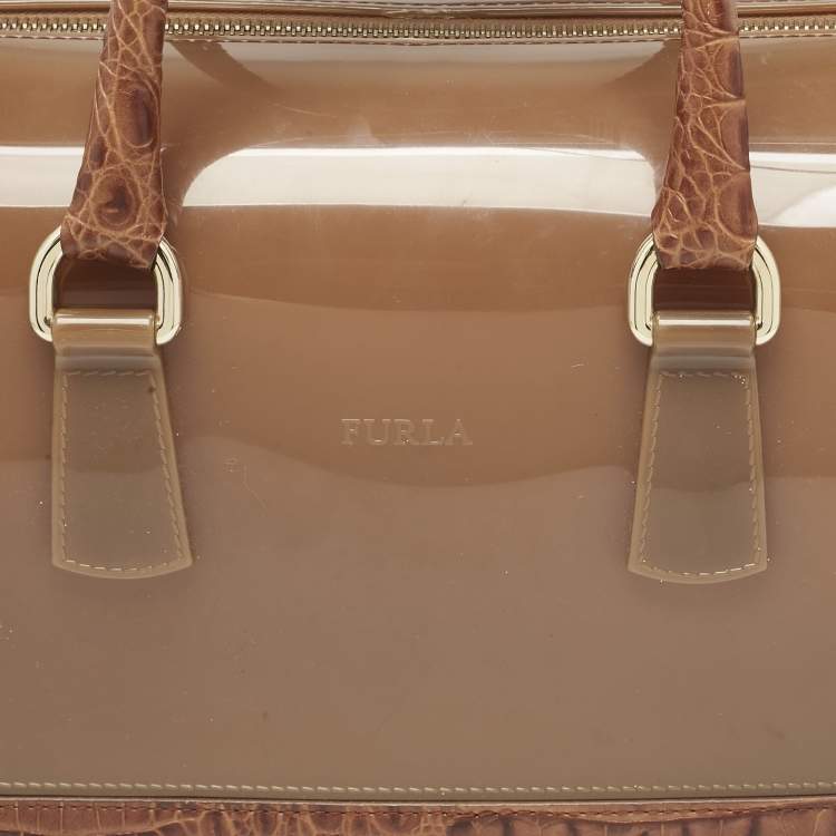 Pre Owned Furla Brown Rubber and Croc Embossed Leather Medium Candy Satchel