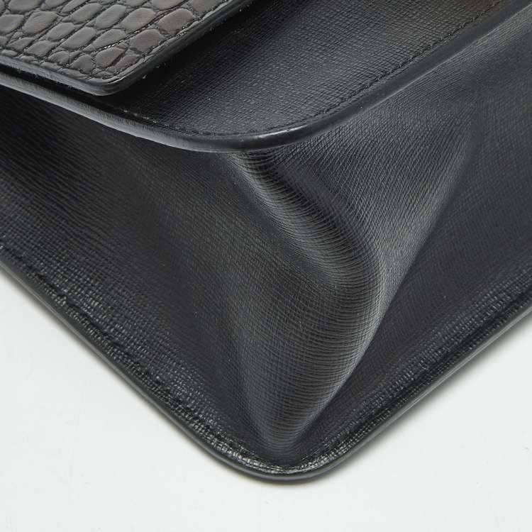Pre Owned Furla Black Croc Embossed and Leather Mini Bella Top Handle Bag
