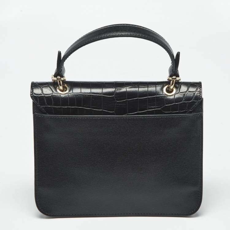 Pre Owned Furla Black Croc Embossed and Leather Mini Bella Top Handle Bag