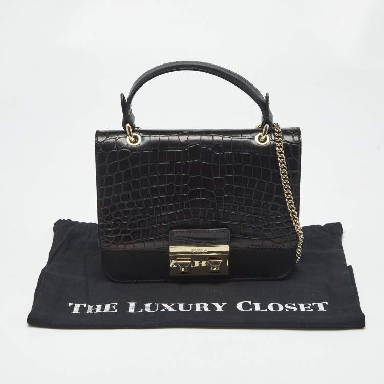 Pre Owned Furla Black Croc Embossed and Leather Mini Bella Top Handle Bag