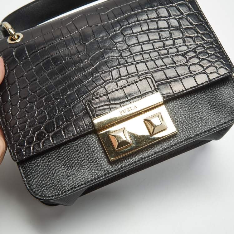 Pre Owned Furla Black Croc Embossed and Leather Mini Bella Top Handle Bag