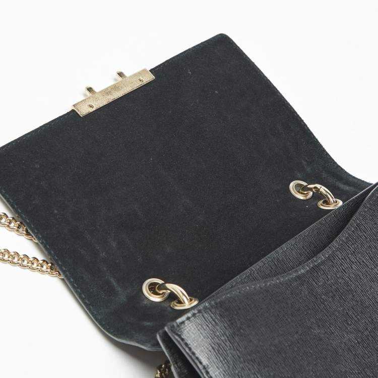 Pre Owned Furla Black Croc Embossed and Leather Mini Bella Top Handle Bag