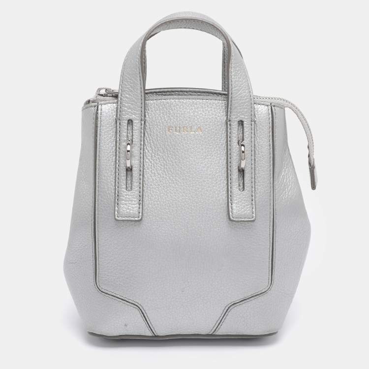 Pre Owned Furla Silver Leather Mini Perla Tote