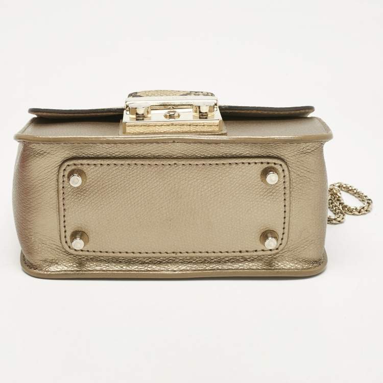 Pre Owned Furla Cream/Metallic Leather Mini Metropolis Changeable Flap Crossbody Bag