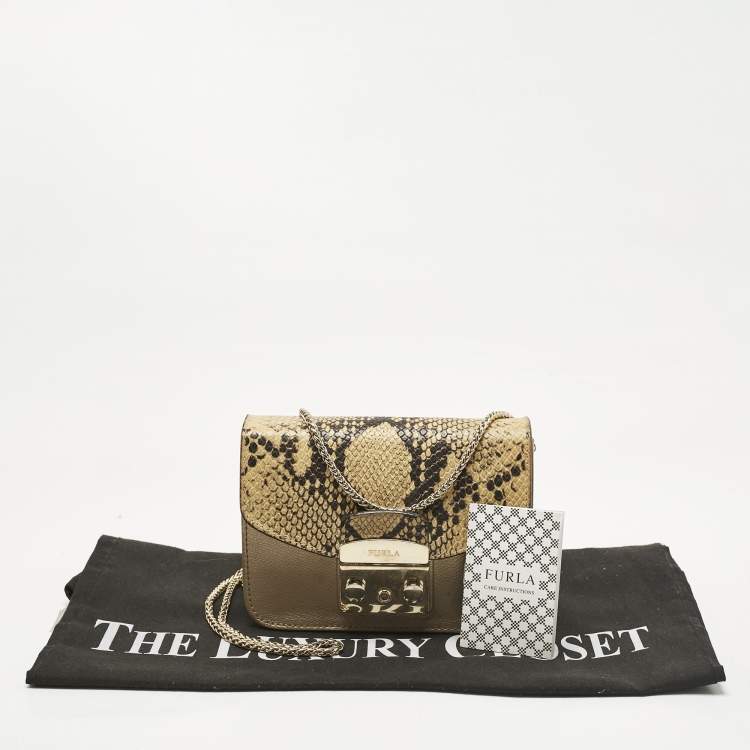 Pre Owned Furla Cream/Metallic Leather Mini Metropolis Changeable Flap Crossbody Bag