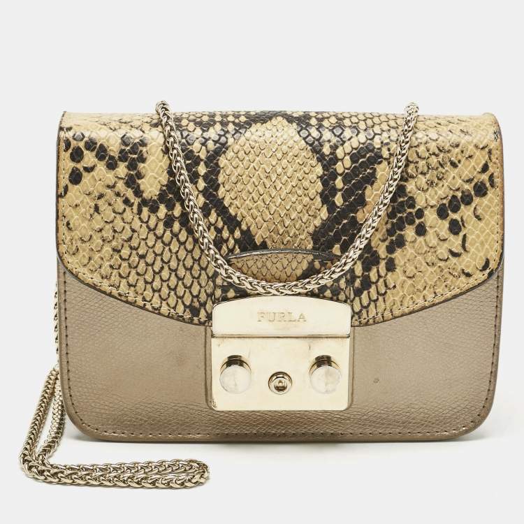 Pre Owned Furla Cream/Metallic Leather Mini Metropolis Changeable Flap Crossbody Bag