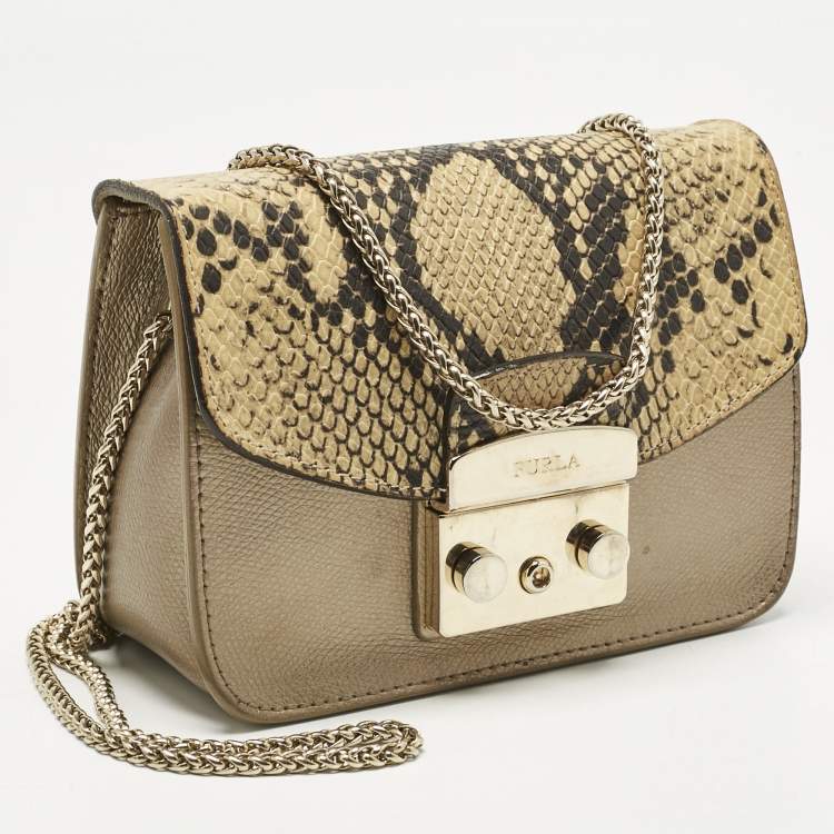 Pre Owned Furla Cream/Metallic Leather Mini Metropolis Changeable Flap Crossbody Bag
