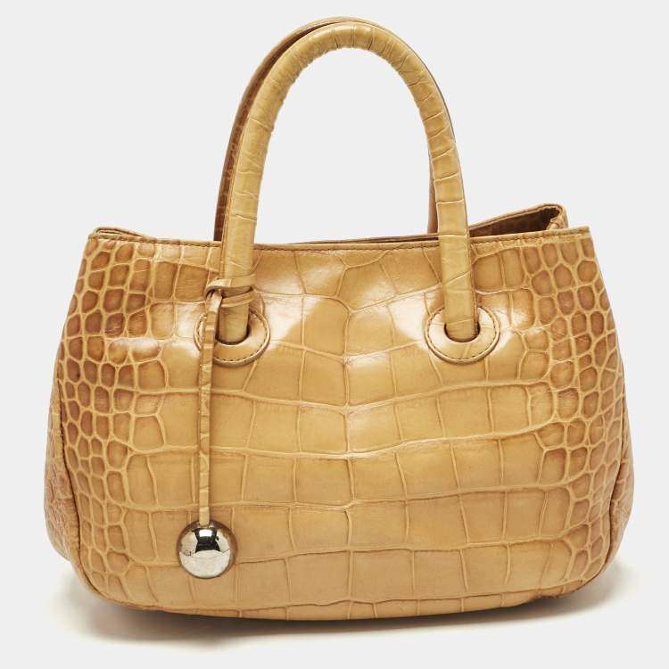 Pre Owned Furla Mustard Yellow Croc Embossed Leather Practica Tote